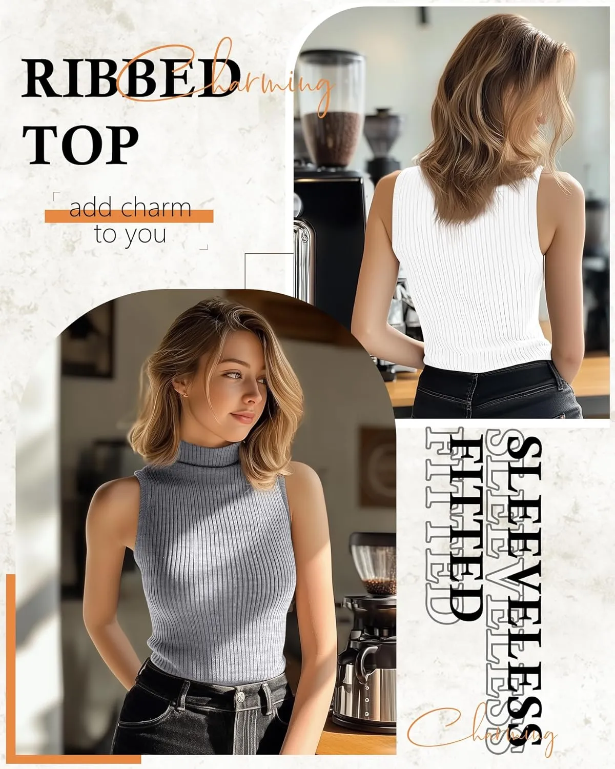 3 Pack Women's Sleeveless Mock Turtlenecks Shirts, Ribbed Stretch Slim Fitted Tank Top Basic Lightweight Bustier Tee