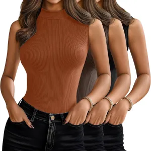 3 Pack Women's Sleeveless Mock Turtlenecks Shirts, Ribbed Stretch Slim Fitted Tank Top Basic Lightweight Bustier Tee