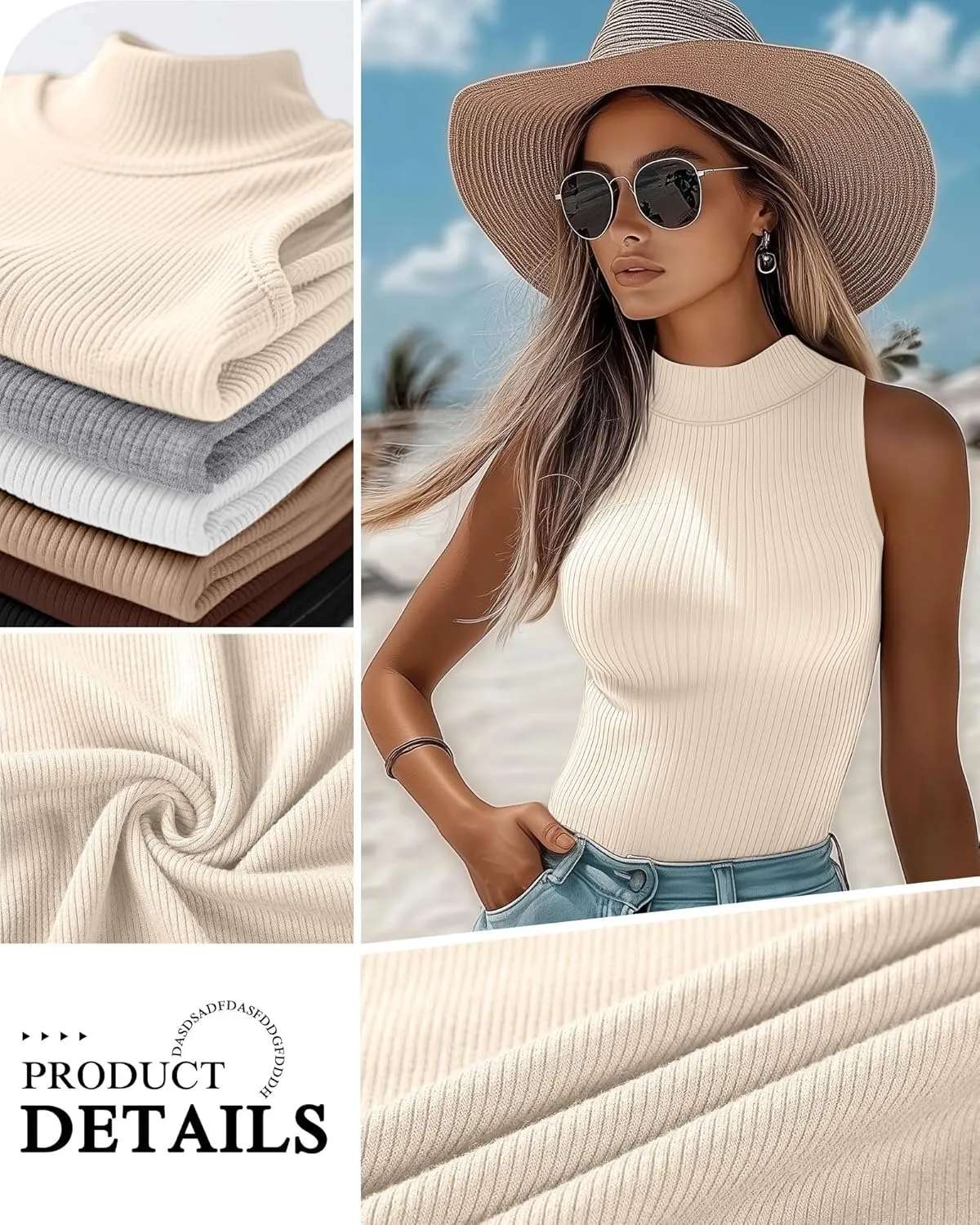 3 Pack Women's Sleeveless Mock Turtlenecks Shirts, Ribbed Stretch Slim Fitted Tank Top Basic Lightweight Bustier Tee