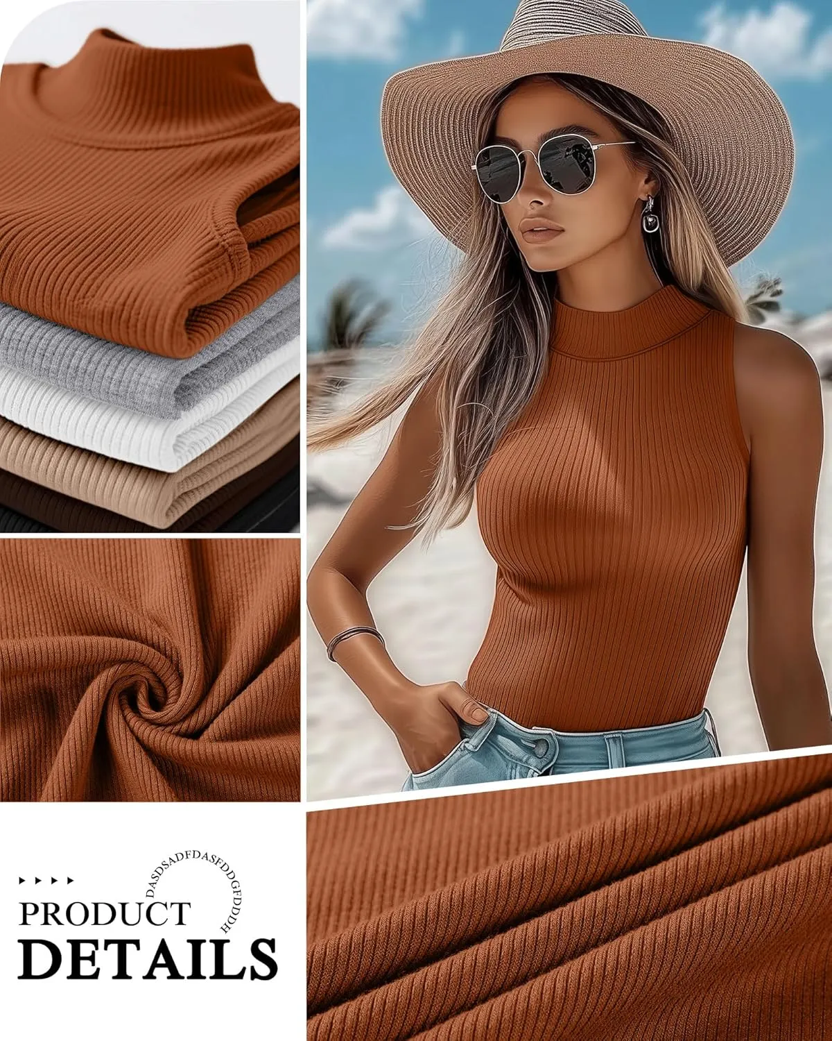 3 Pack Women's Sleeveless Mock Turtlenecks Shirts, Ribbed Stretch Slim Fitted Tank Top Basic Lightweight Bustier Tee
