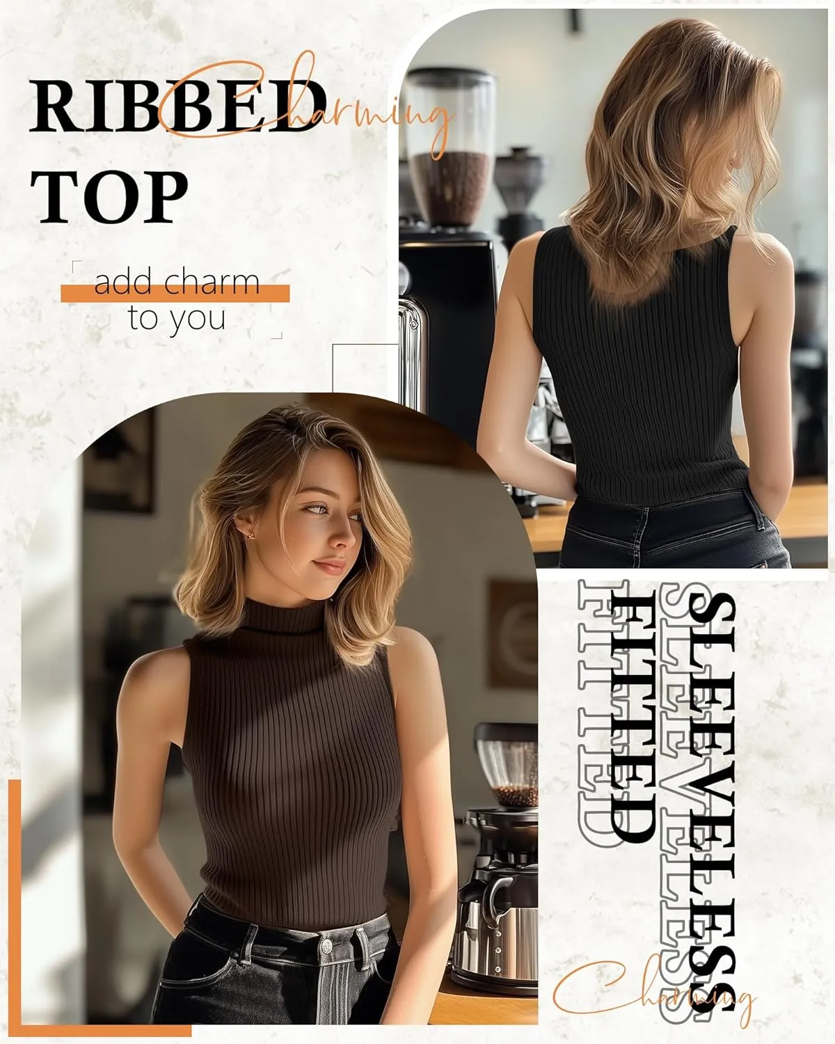 3 Pack Women's Sleeveless Mock Turtlenecks Shirts, Ribbed Stretch Slim Fitted Tank Top Basic Lightweight Bustier Tee