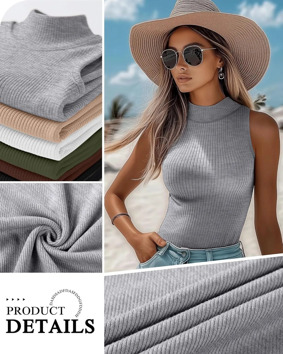 3 Pack Women's Sleeveless Mock Turtlenecks Shirts, Ribbed Stretch Slim Fitted Tank Top Basic Lightweight Bustier Tee