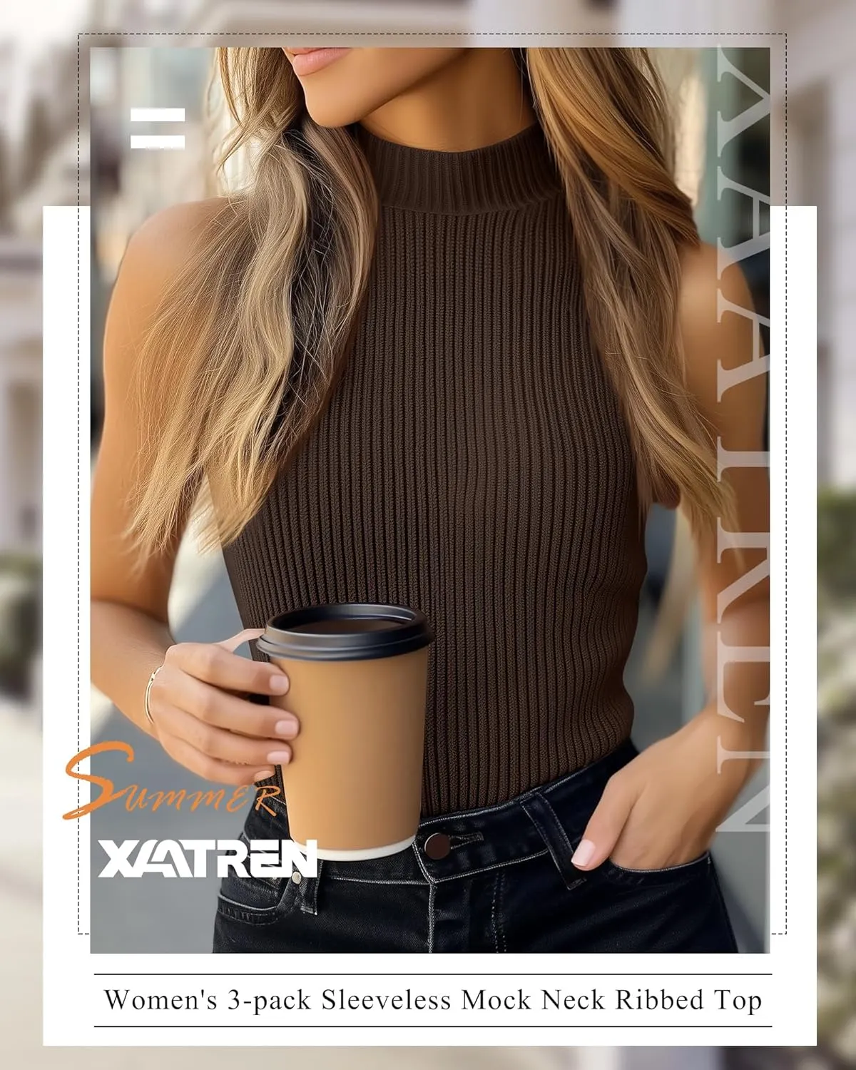 3 Pack Women's Sleeveless Mock Turtlenecks Shirts, Ribbed Stretch Slim Fitted Tank Top Basic Lightweight Bustier Tee