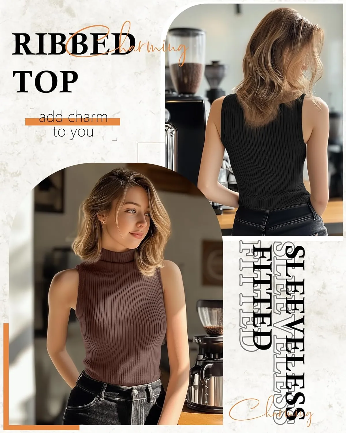 3 Pack Women's Sleeveless Mock Turtlenecks Shirts, Ribbed Stretch Slim Fitted Tank Top Basic Lightweight Bustier Tee