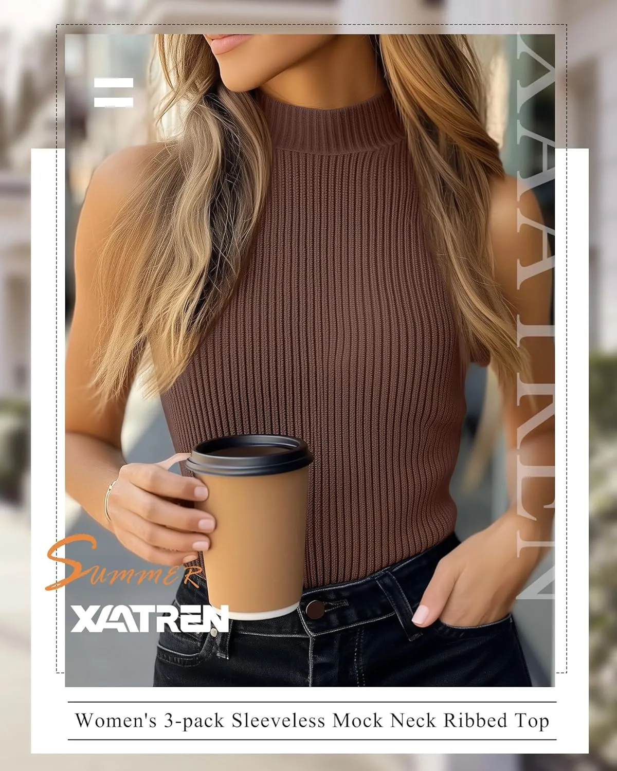 3 Pack Women's Sleeveless Mock Turtlenecks Shirts, Ribbed Stretch Slim Fitted Tank Top Basic Lightweight Bustier Tee