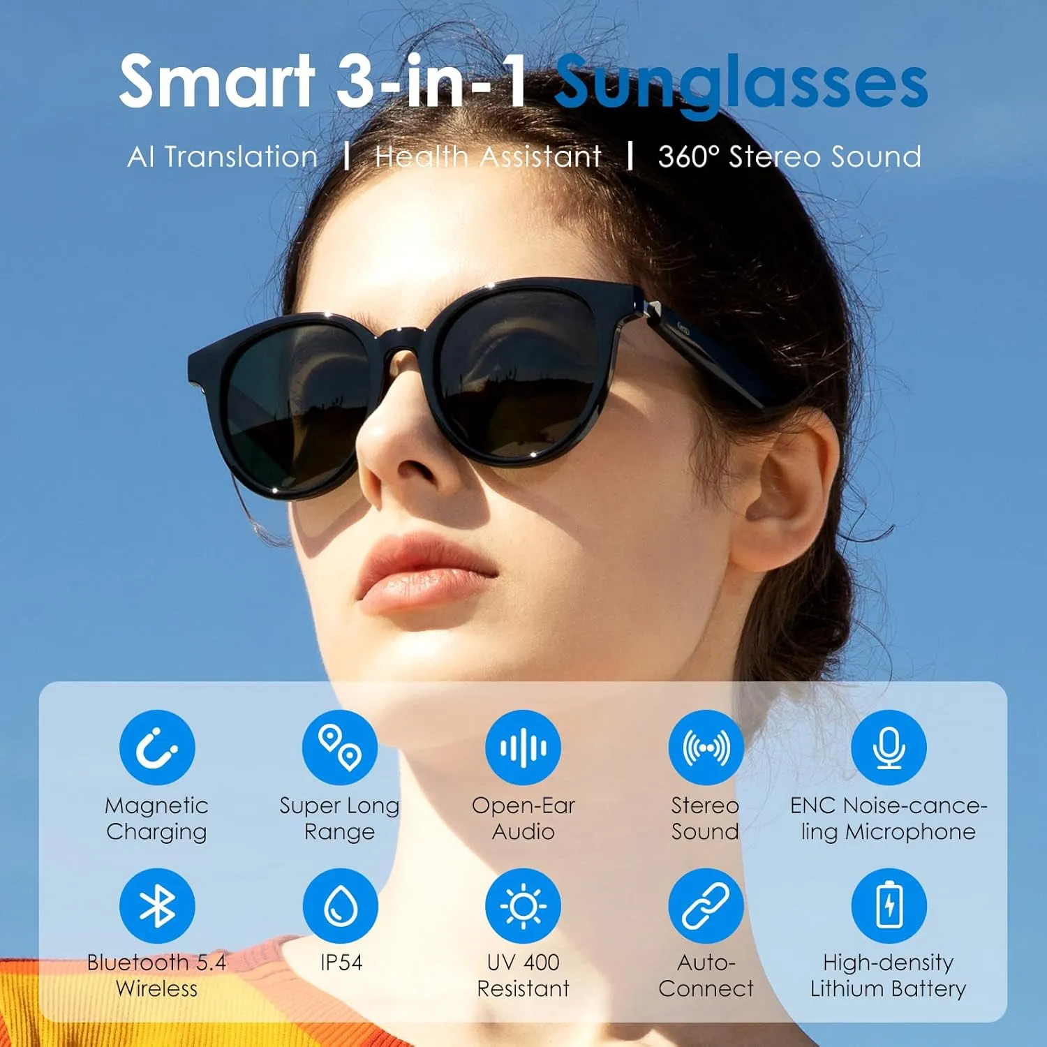 AI Glasses, AI Translator Powered by ChatGPT, AI Assistant, Bluetooth Smart Glasses for Men & Women, Polarized Sunglasses, Audio Smart Eyewear for Gaming Travel Meeting Memos, Earphone Glasses
