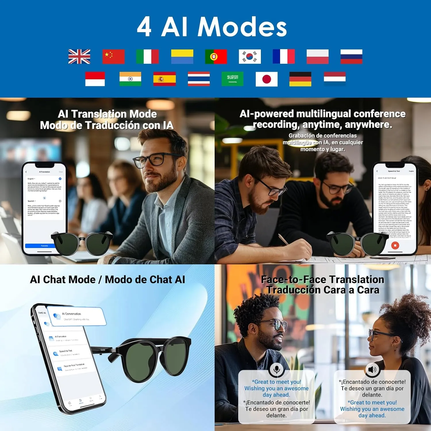 AI Glasses, AI Translator Powered by ChatGPT, AI Assistant, Bluetooth Smart Glasses for Men & Women, Polarized Sunglasses, Audio Smart Eyewear for Gaming Travel Meeting Memos, Earphone Glasses