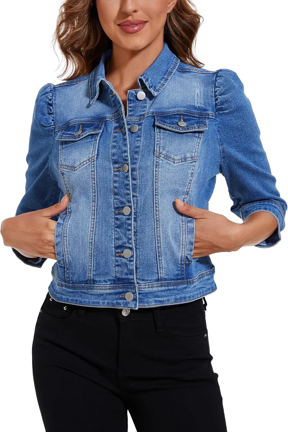 Anienaya Women's Jean Jacket Cropped Denim Jacket Stretchy 3/4 Puff Sleeve Distressed with Pockets