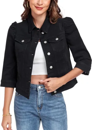 Anienaya Women's Jean Jacket Cropped Denim Jacket Stretchy 3/4 Puff Sleeve Distressed with Pockets