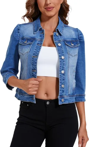 Anienaya Women's Jean Jacket Cropped Denim Jacket Stretchy 3/4 Puff Sleeve Distressed with Pockets