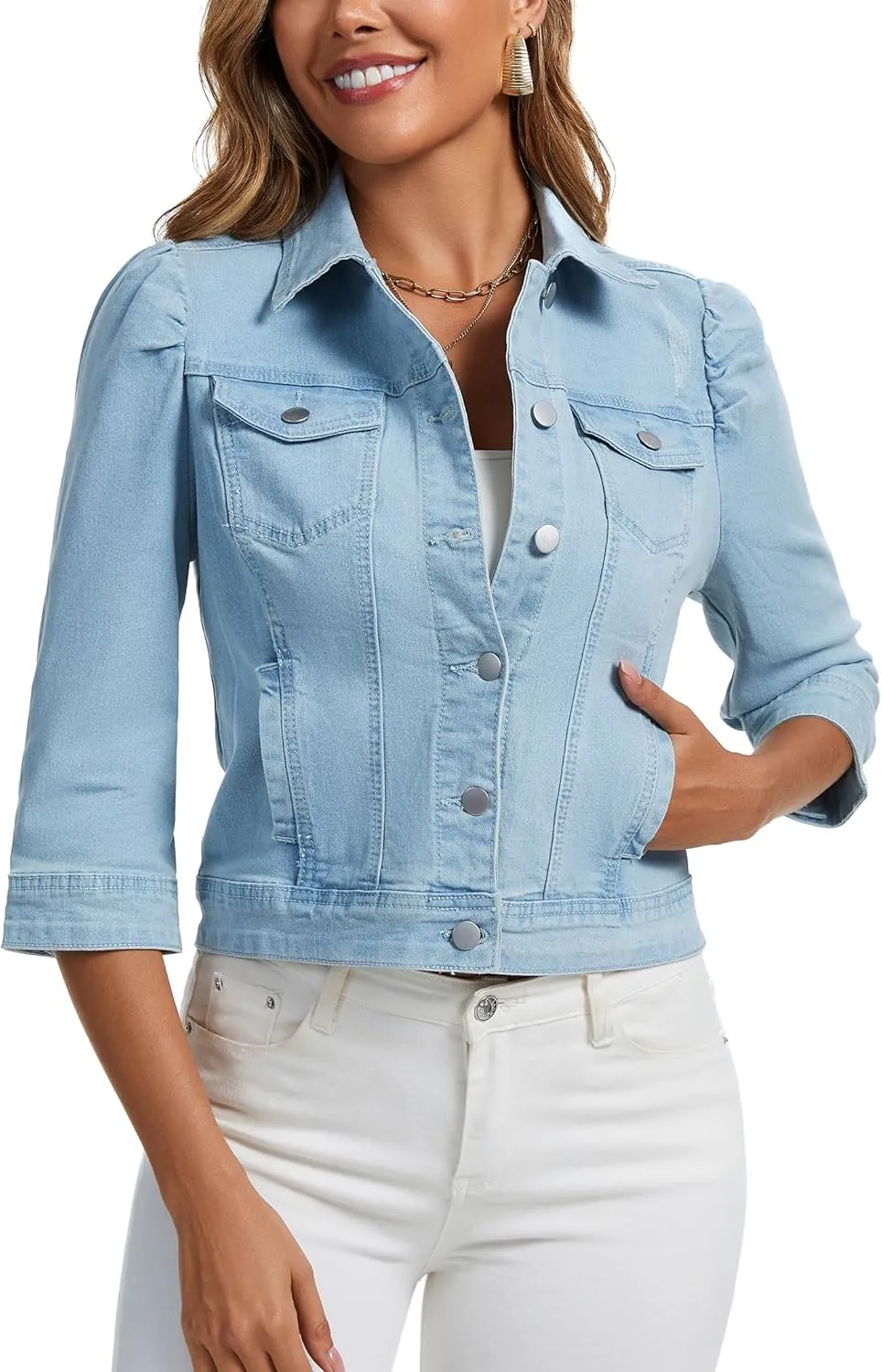 Anienaya Women's Jean Jacket Cropped Denim Jacket Stretchy 3/4 Puff Sleeve Distressed with Pockets