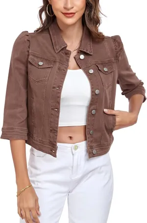 Anienaya Women's Jean Jacket Cropped Denim Jacket Stretchy 3/4 Puff Sleeve Distressed with Pockets