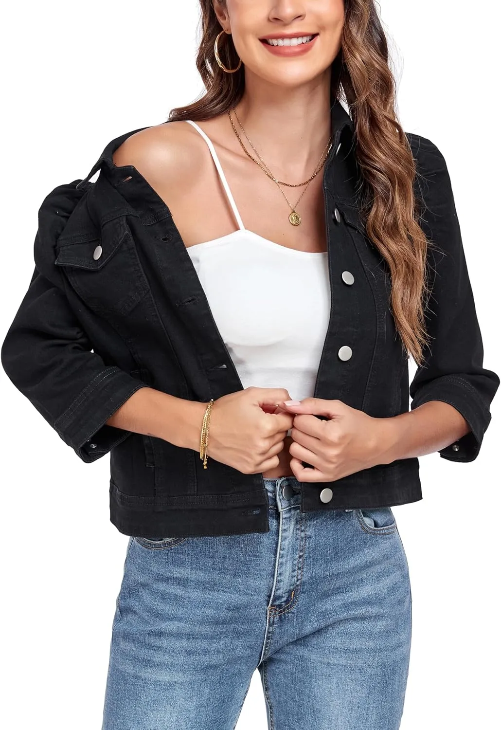 Anienaya Women's Jean Jacket Cropped Denim Jacket Stretchy 3/4 Puff Sleeve Distressed with Pockets