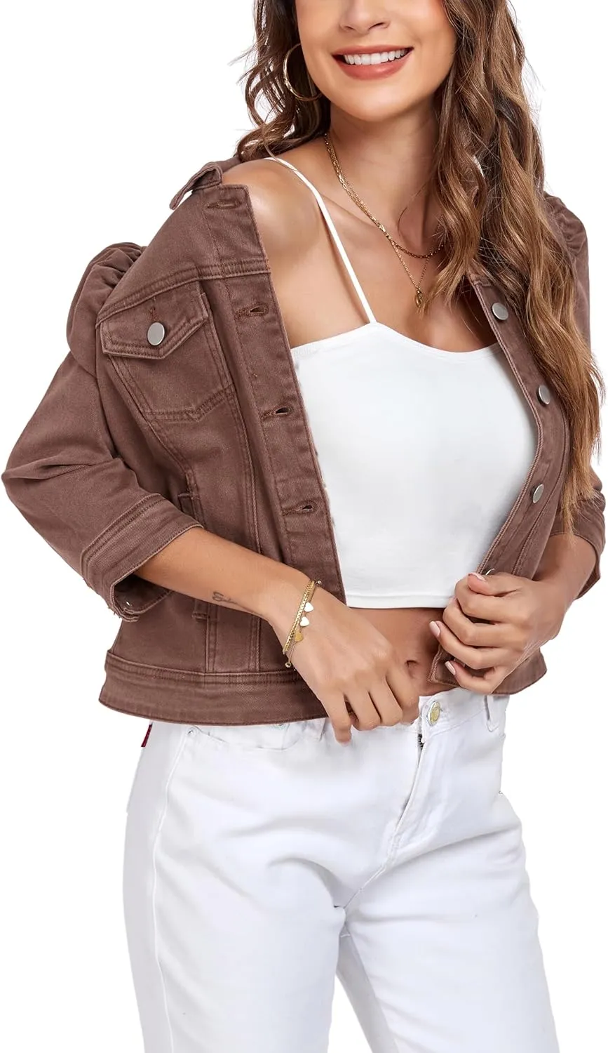 Anienaya Women's Jean Jacket Cropped Denim Jacket Stretchy 3/4 Puff Sleeve Distressed with Pockets