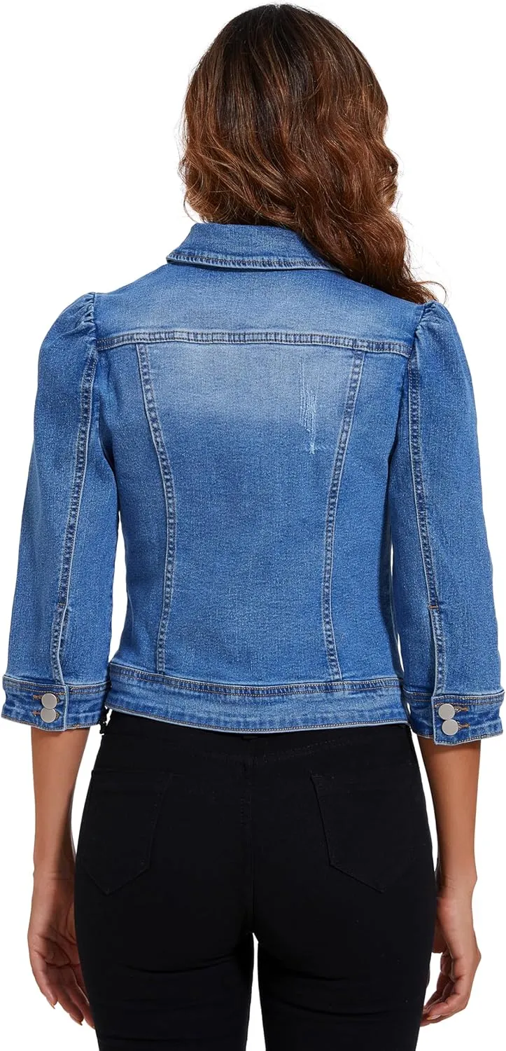 Anienaya Women's Jean Jacket Cropped Denim Jacket Stretchy 3/4 Puff Sleeve Distressed with Pockets
