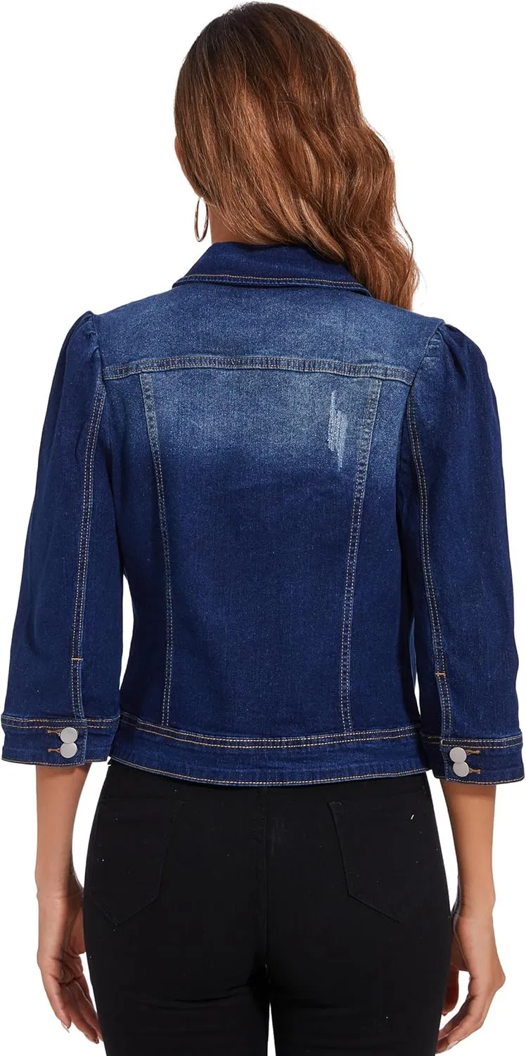 Anienaya Women's Jean Jacket Cropped Denim Jacket Stretchy 3/4 Puff Sleeve Distressed with Pockets