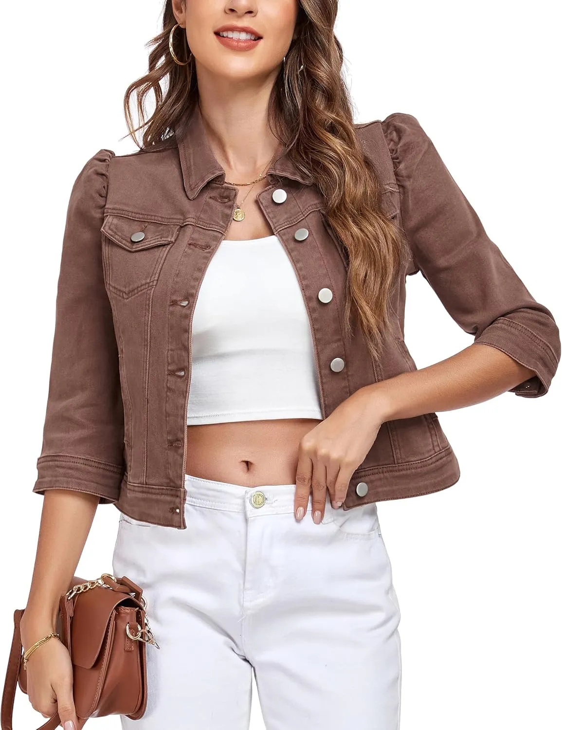 Anienaya Women's Jean Jacket Cropped Denim Jacket Stretchy 3/4 Puff Sleeve Distressed with Pockets