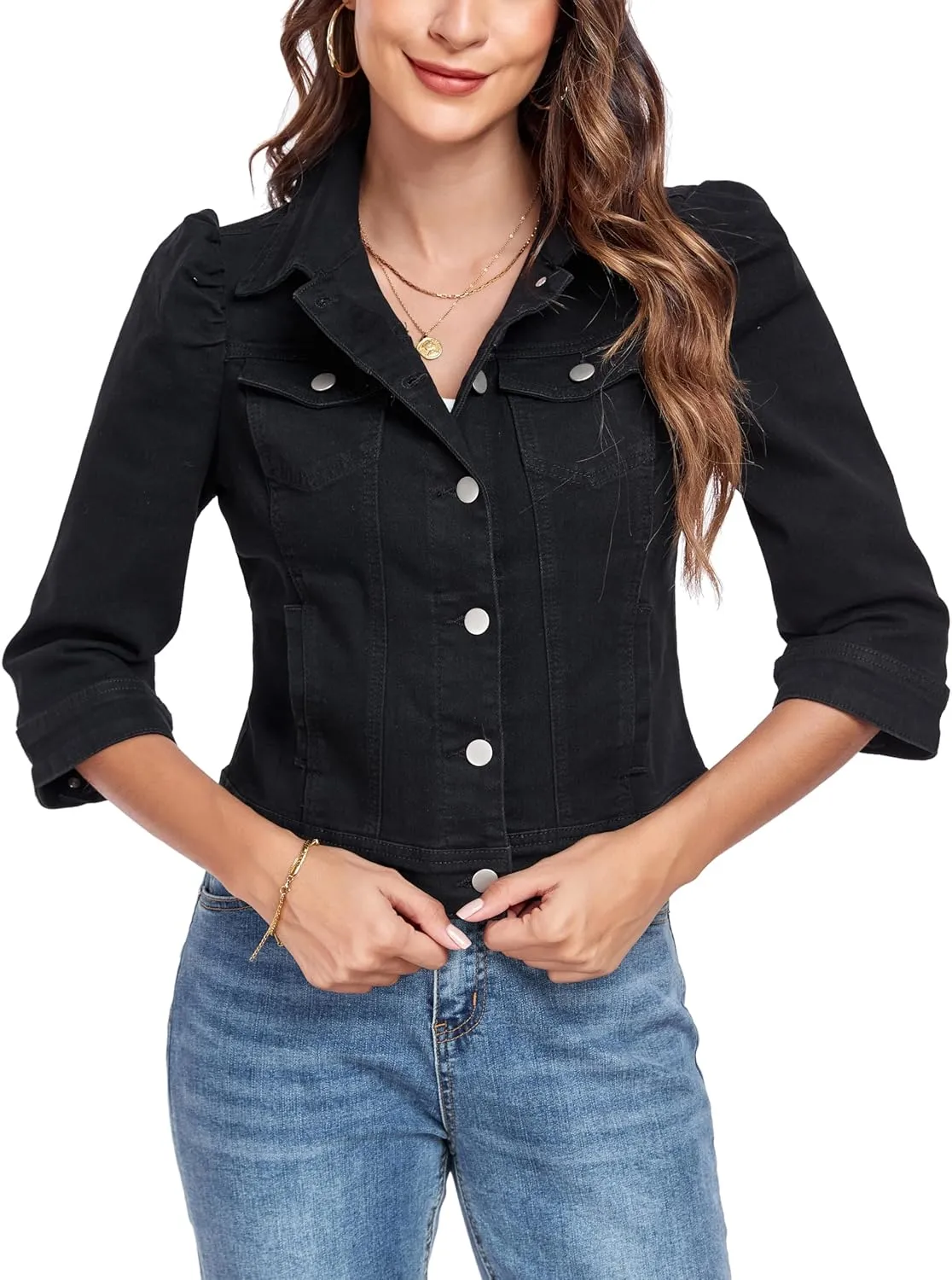 Anienaya Women's Jean Jacket Cropped Denim Jacket Stretchy 3/4 Puff Sleeve Distressed with Pockets
