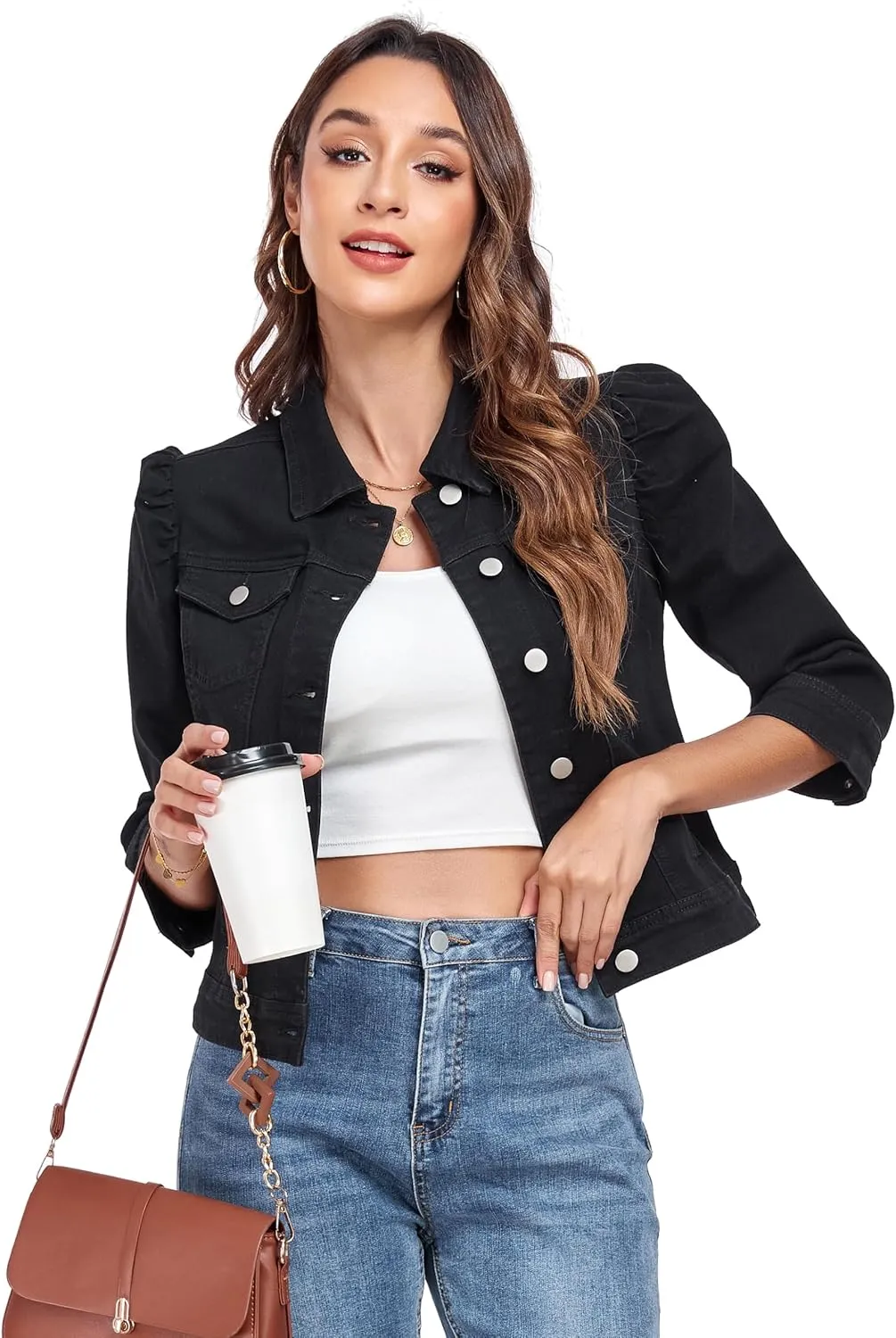 Anienaya Women's Jean Jacket Cropped Denim Jacket Stretchy 3/4 Puff Sleeve Distressed with Pockets