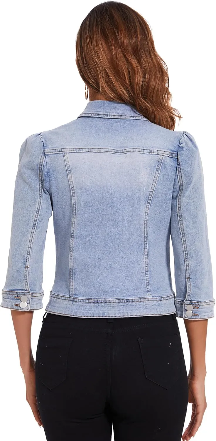 Anienaya Women's Jean Jacket Cropped Denim Jacket Stretchy 3/4 Puff Sleeve Distressed with Pockets