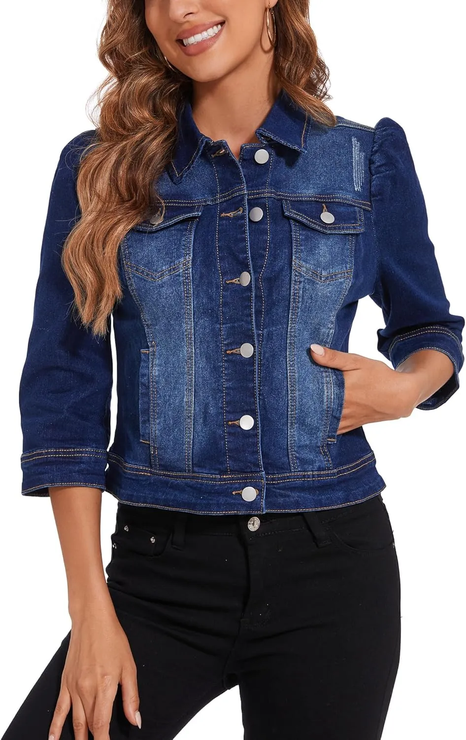 Anienaya Women's Jean Jacket Cropped Denim Jacket Stretchy 3/4 Puff Sleeve Distressed with Pockets