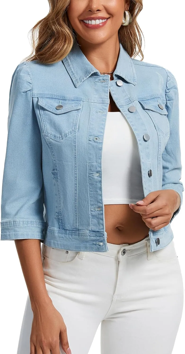 Anienaya Women's Jean Jacket Cropped Denim Jacket Stretchy 3/4 Puff Sleeve Distressed with Pockets