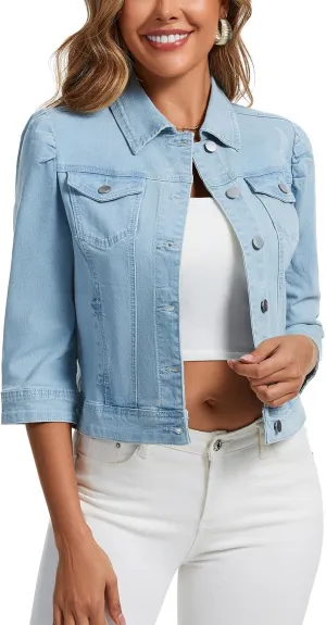 Anienaya Women's Jean Jacket Cropped Denim Jacket Stretchy 3/4 Puff Sleeve Distressed with Pockets