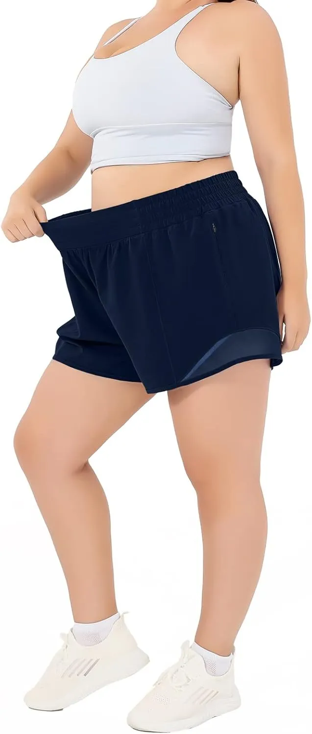 Aurefin High Waisted Athletic Shorts for Women, Womens Plus Size Running Workout Shorts with Liner and Zip Pocket 4 inch