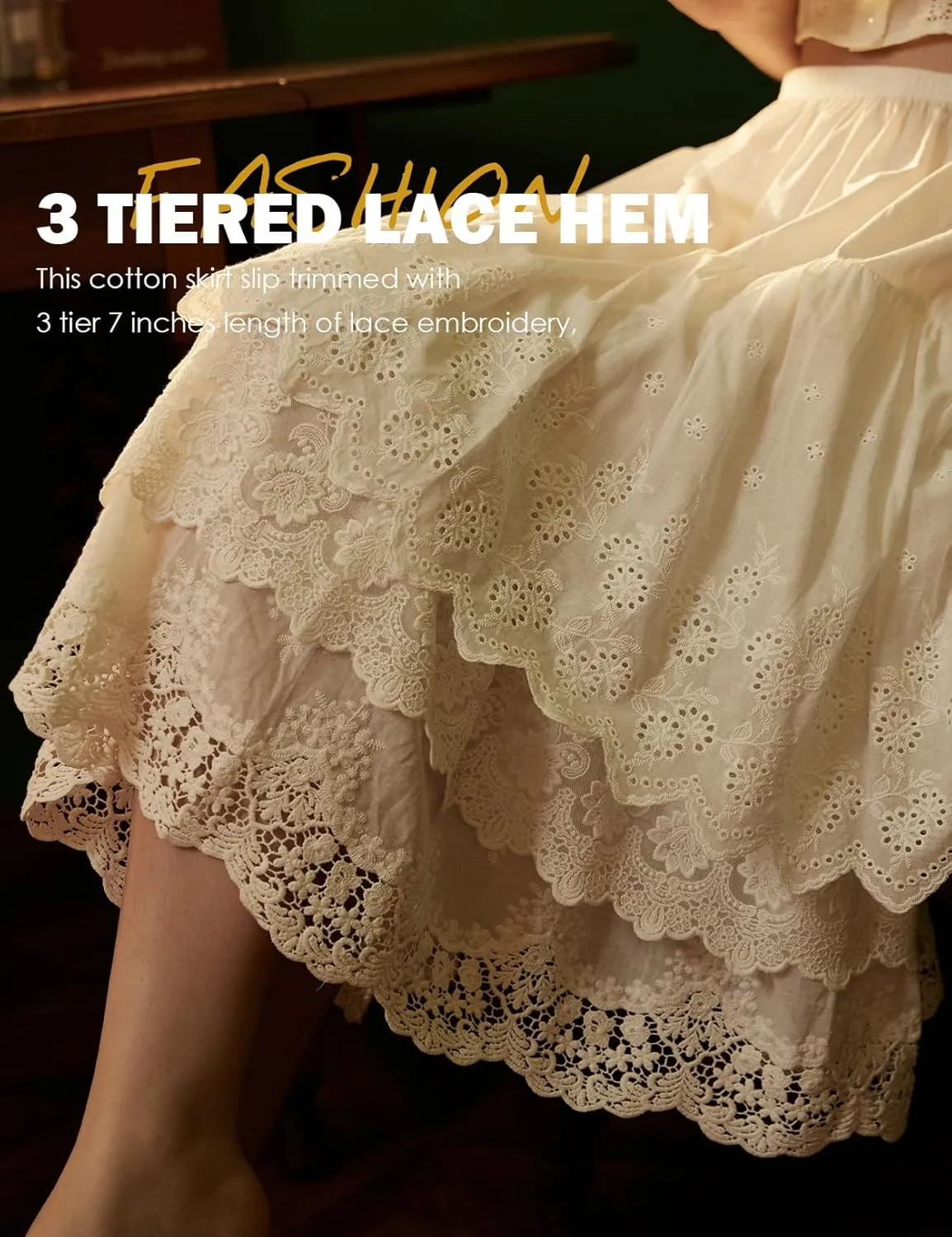 BEAUTELICATE 100% Cotton Half Slip Lightweight Skirt Extender Underskirt for Women 3 Tiered Lace Hem
