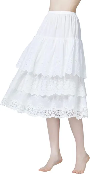 BEAUTELICATE 100% Cotton Half Slip Lightweight Skirt Extender Underskirt for Women 3 Tiered Lace Hem