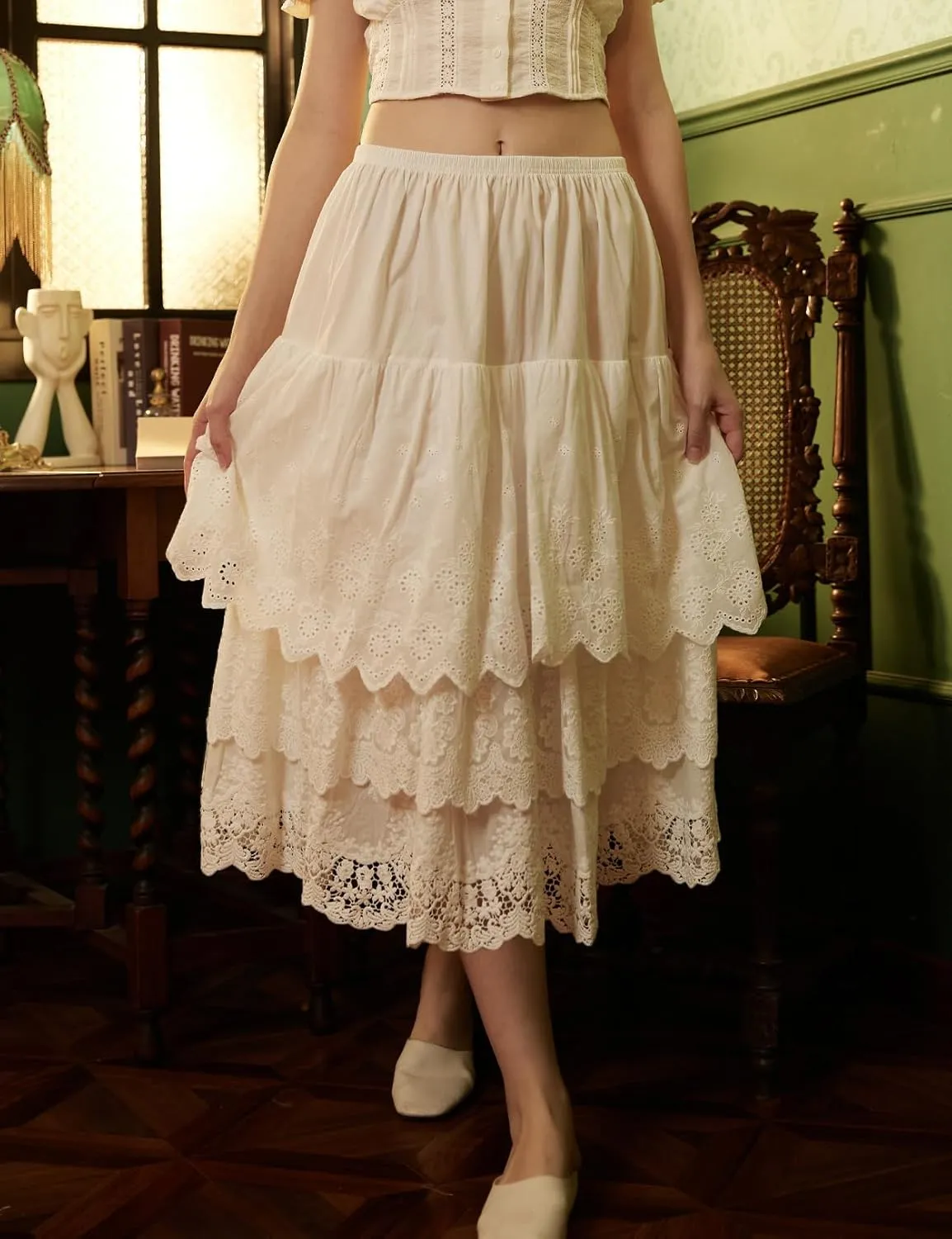 BEAUTELICATE 100% Cotton Half Slip Lightweight Skirt Extender Underskirt for Women 3 Tiered Lace Hem