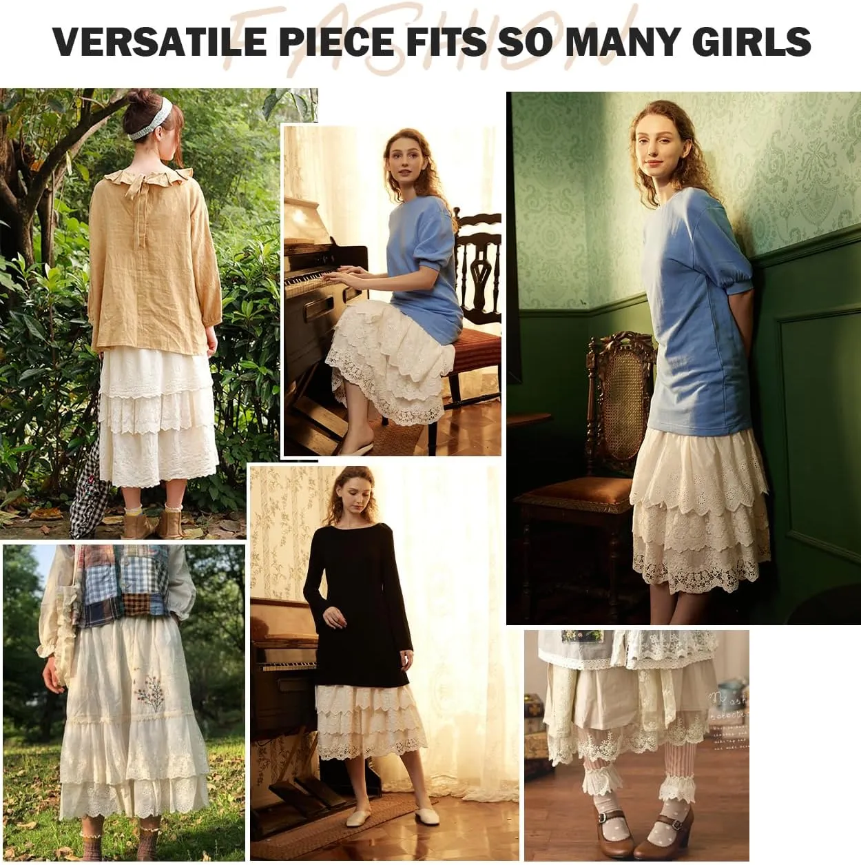 BEAUTELICATE 100% Cotton Half Slip Lightweight Skirt Extender Underskirt for Women 3 Tiered Lace Hem