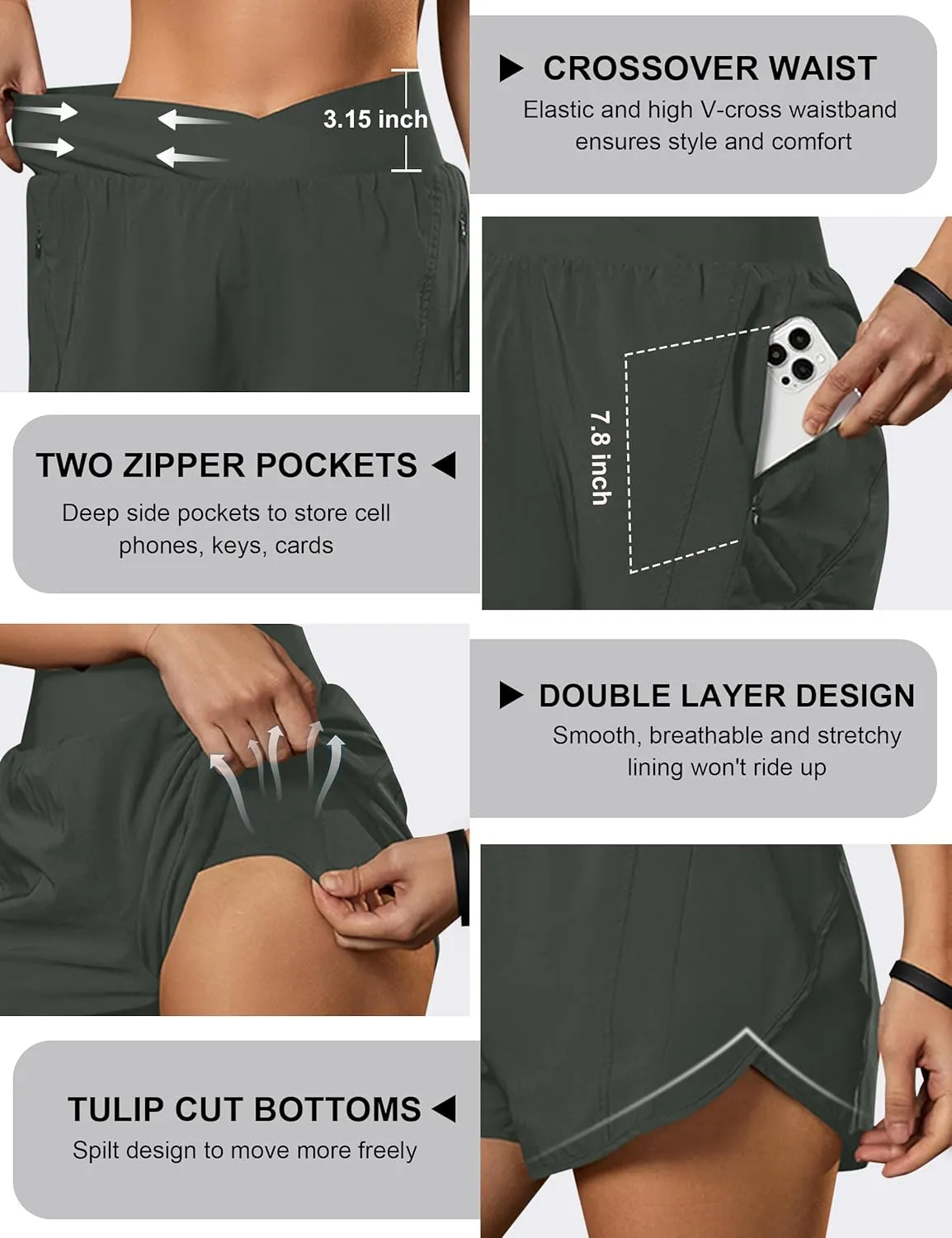 Blooming Jelly Women's Workout Shorts Athletic Running Shorts Crossover High Waisted Gym Shorts with Zipper Pockets
