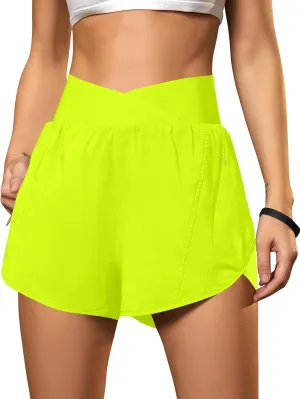 Blooming Jelly Women's Workout Shorts Athletic Running Shorts Crossover High Waisted Gym Shorts with Zipper Pockets