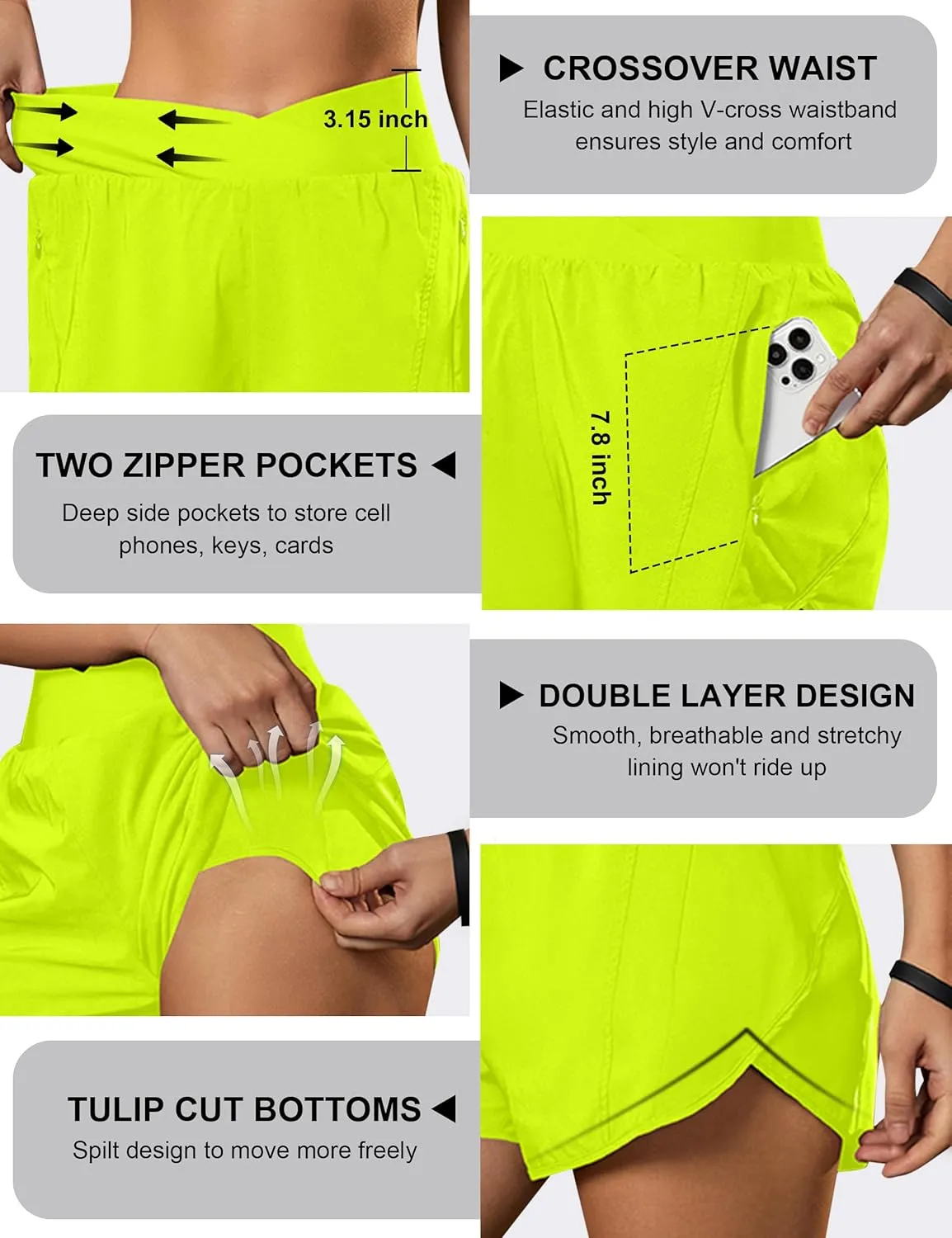 Blooming Jelly Women's Workout Shorts Athletic Running Shorts Crossover High Waisted Gym Shorts with Zipper Pockets