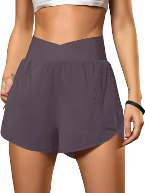 Blooming Jelly Women's Workout Shorts Athletic Running Shorts Crossover High Waisted Gym Shorts with Zipper Pockets