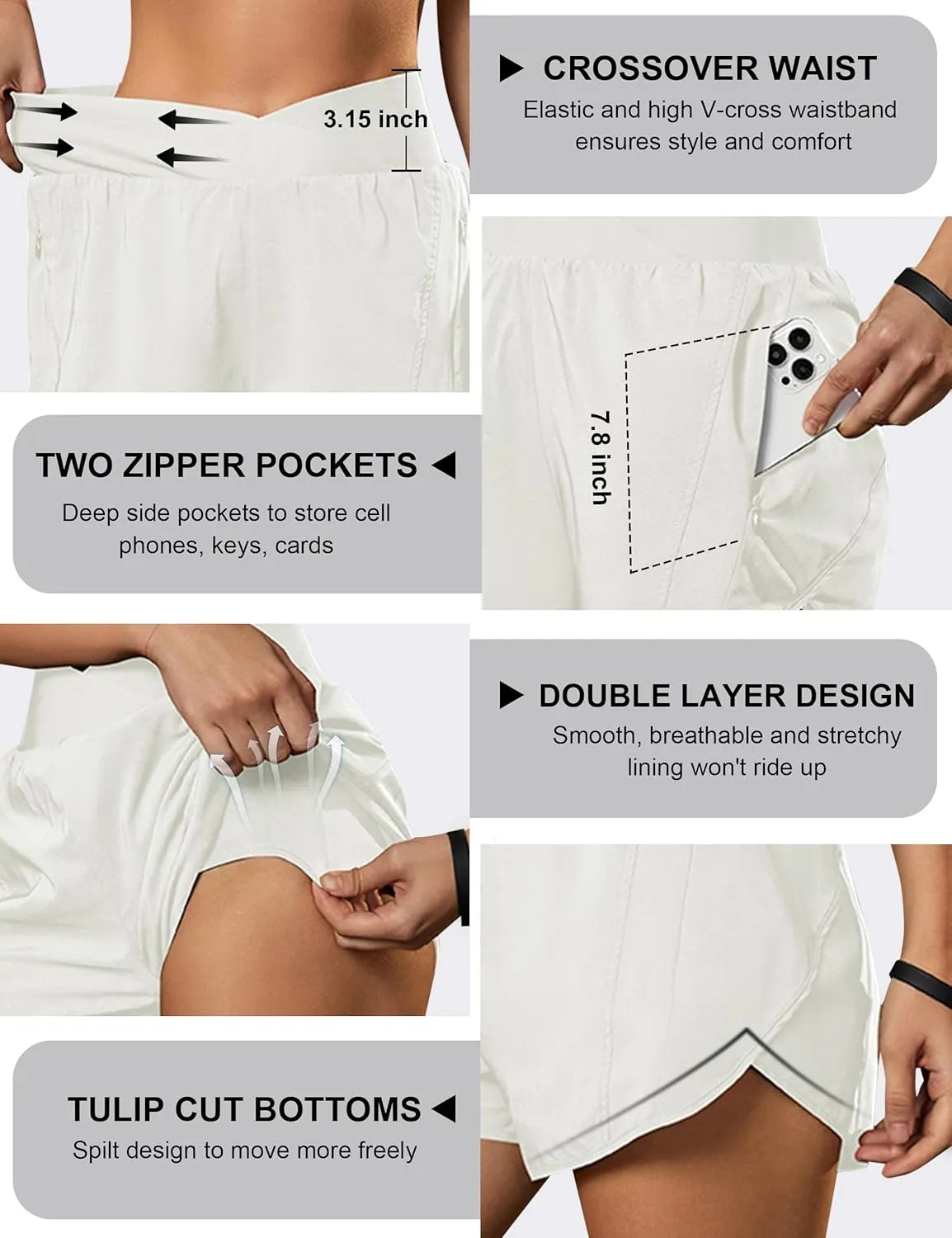 Blooming Jelly Women's Workout Shorts Athletic Running Shorts Crossover High Waisted Gym Shorts with Zipper Pockets