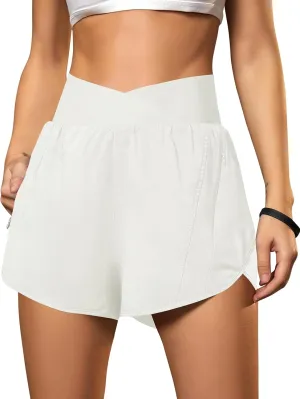 Blooming Jelly Women's Workout Shorts Athletic Running Shorts Crossover High Waisted Gym Shorts with Zipper Pockets