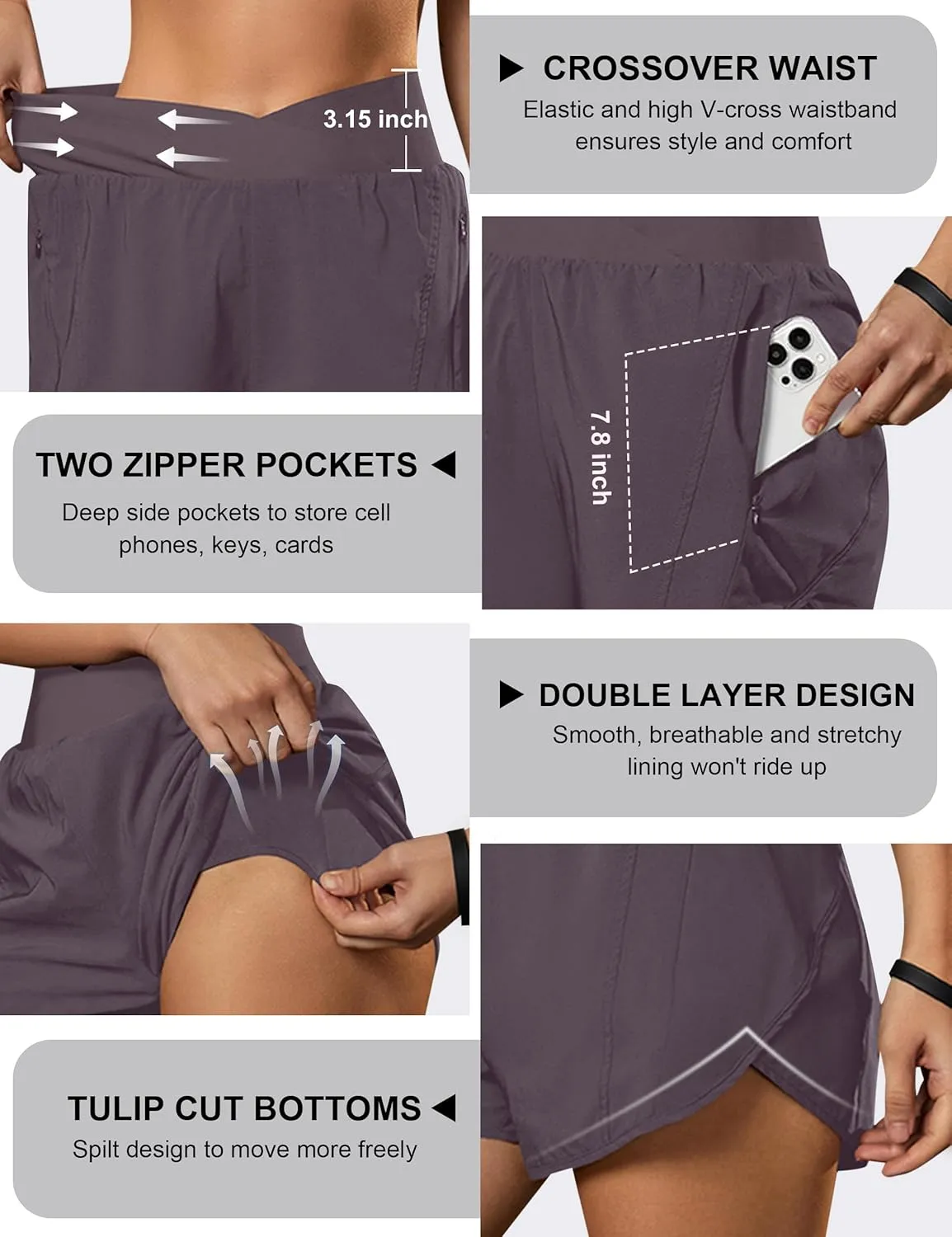 Blooming Jelly Women's Workout Shorts Athletic Running Shorts Crossover High Waisted Gym Shorts with Zipper Pockets