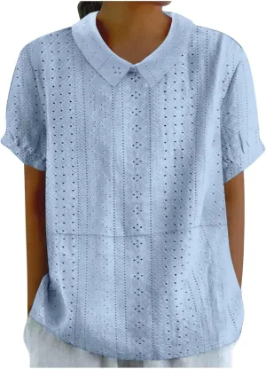 Button Down Shirts for Women Short Sleeve Shirts Summer Loose Crew Neck Casual Boho Top Vintage Cotton Shirts for