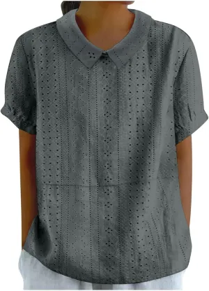 Button Down Shirts for Women Short Sleeve Shirts Summer Loose Crew Neck Casual Boho Top Vintage Cotton Shirts for