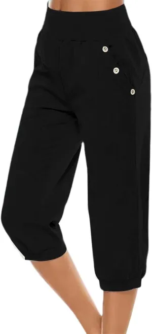 Capri Pants for Women Casual Summer Drawstring Elastic High Waist Linen Pant Straight Cropped Pants(Black-B, M)