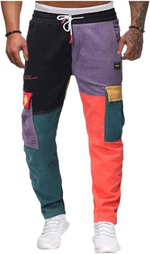 Cargo Pants for Men Mens Cargo Pants Patchwork Multi-Pockets Outdoor Casual Jogger Pants Streetwear with Drawstring