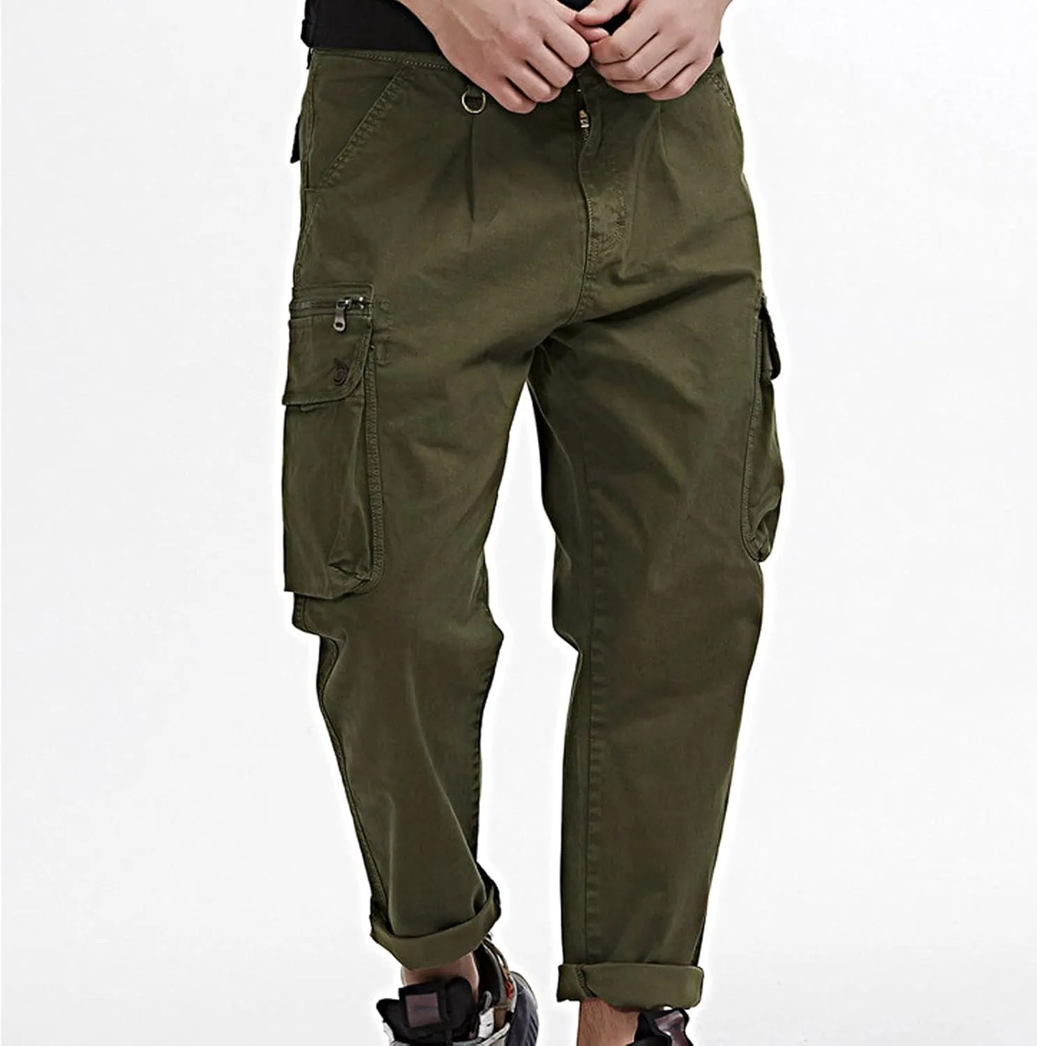Cargo Pants for Men Men's Solid Mdi Waist Tapered Work Pants Hiking Cargo Pants Open Fornt Trousers with Multi Pocket