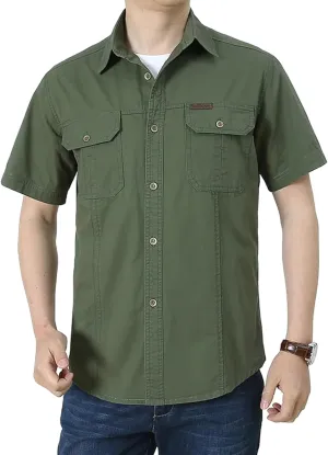 Cargo Shirt Men's Casual Retro Cotton Pocket Short Sleeve Coat Plus Size Outdoor Camping Fishing Sweat Absorbing Shirt Army Green