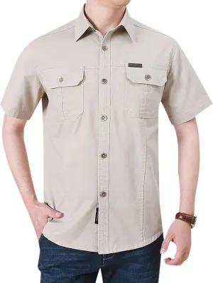 Cargo Shirt Men's Casual Retro Cotton Pocket Short Sleeve Coat Plus Size Outdoor Camping Fishing Sweat Absorbing Shirt Beige