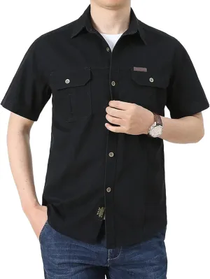 Cargo Shirt Men's Casual Retro Cotton Pocket Short Sleeve Coat Plus Size Outdoor Camping Fishing Sweat Absorbing Shirt Black