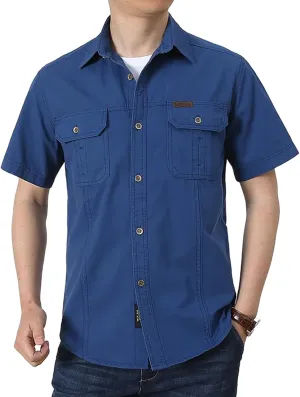 Cargo Shirt Men's Casual Retro Cotton Pocket Short Sleeve Coat Plus Size Outdoor Camping Fishing Sweat Absorbing Shirt Blue