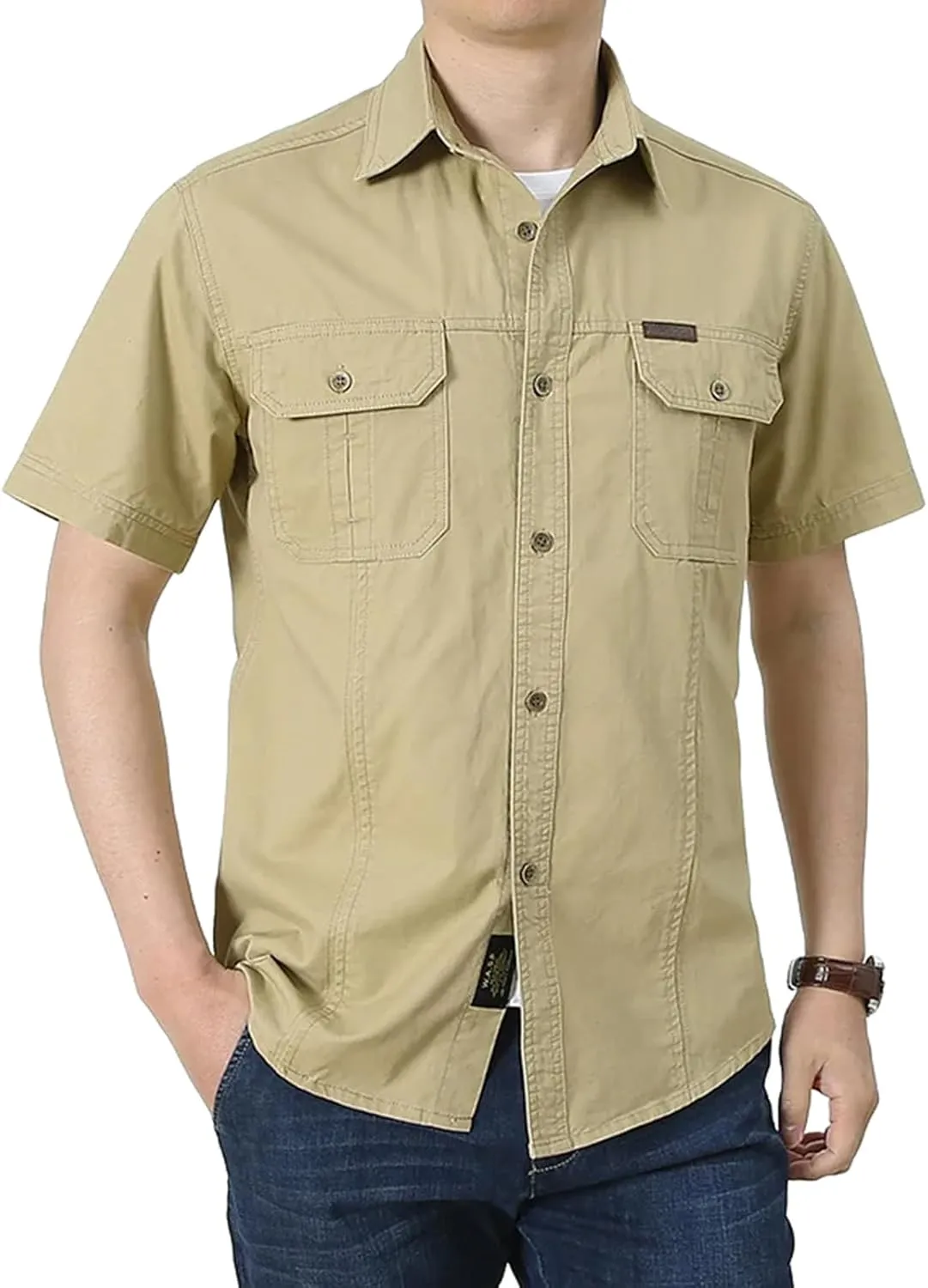Cargo Shirt Men's Casual Retro Cotton Pocket Short Sleeve Coat Plus Size Outdoor Camping Fishing Sweat Absorbing Shirt Khaki