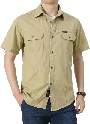 Cargo Shirt Men's Casual Retro Cotton Pocket Short Sleeve Coat Plus Size Outdoor Camping Fishing Sweat Absorbing Shirt Khaki